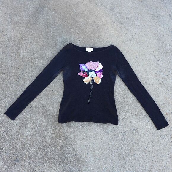 Vintage Cache Black Sequin Flower Sweater Women’s Large Ramie Cotton 90s Y2K - Picture 3 of 10